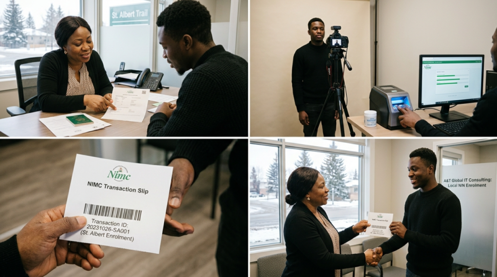 Step-by-step Nigerian NIN enrolment process including document verification, photo capture, fingerprint biometrics, and transaction slip issuance.