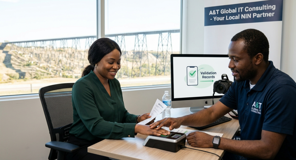 Client completing fingerprint biometric verification for Nigerian NIN registration at A&T Global IT Consulting. nin enrolment
