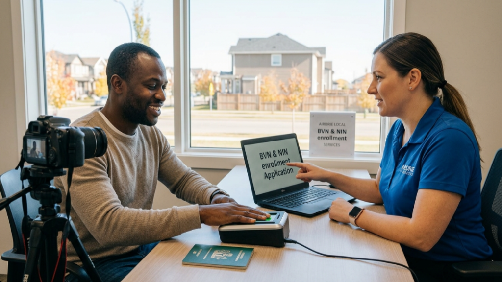A Nigerian man smiles during his BVN Enrolment Services in Airdrie and biometric capture as a staff member points to the BVN and NIN application on a laptop screen.