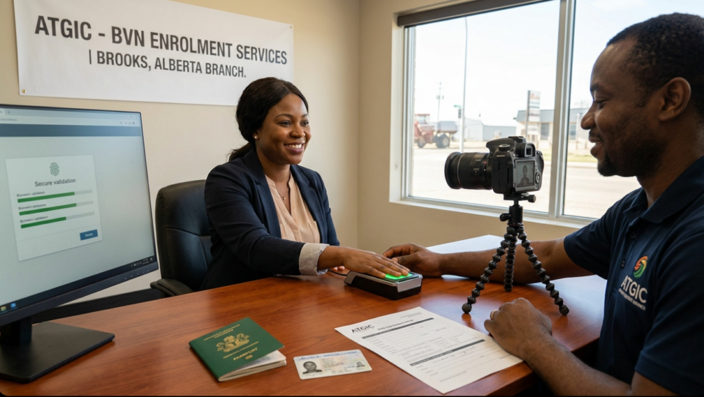 Customer undergoing secure BVN enrolment with fingerprint scanning and photo capture at ATGIC-NG office in Brooks, Alberta
