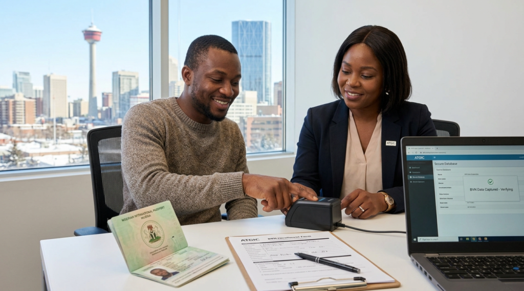 Customer completing BVN enrolment with fingerprint scanning at ATGIC-NG office in Calgary, with secure verification process displayed on the laptop screen.