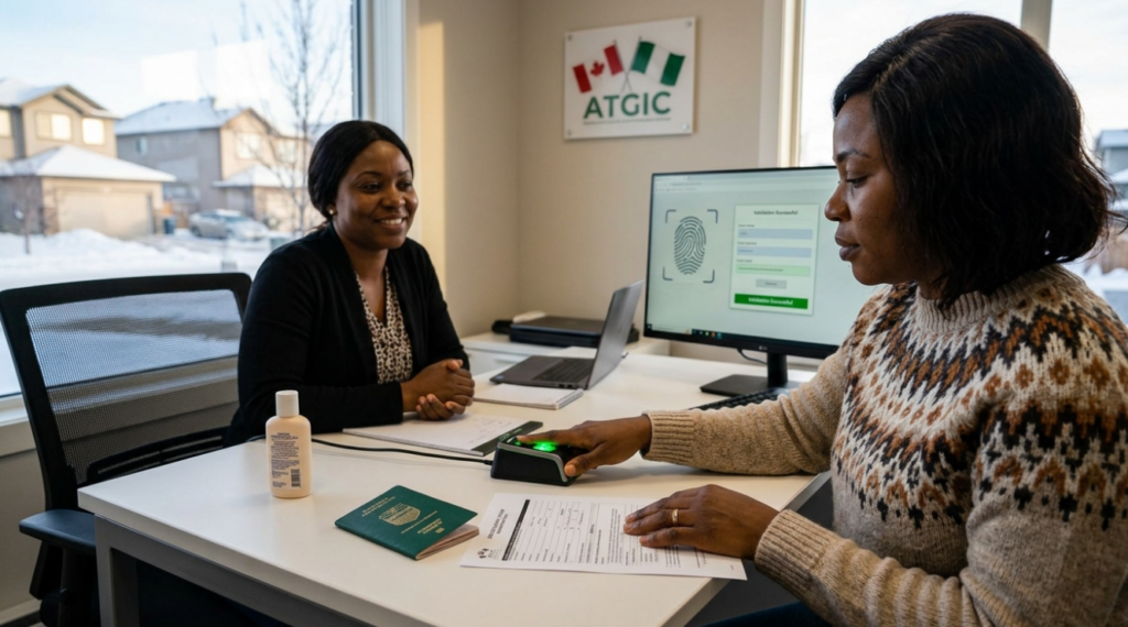 Customer completing BVN enrolment with fingerprint scanning and document submission at ATGIC-NG office in Canada.