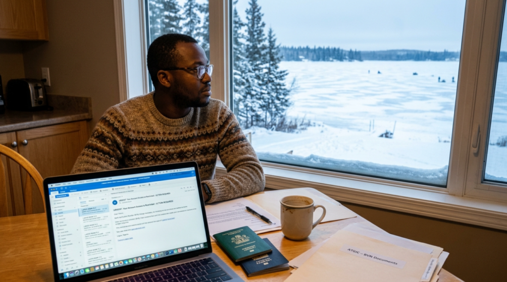 Customer completing BVN enrolment with fingerprint scanning and document submission at ATGIC-NG office in Canada.