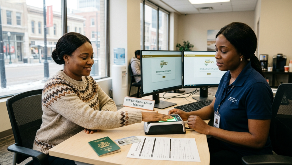 Customer undergoing BVN enrolment process with fingerprint scanning at the BVN Enrollment Center in Edmonton.
