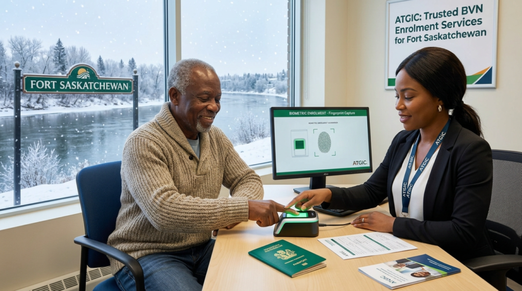 Senior man undergoing BVN enrolment with fingerprint scanning at the Fort Saskatchewan Enrollment Center, assisted by staff.