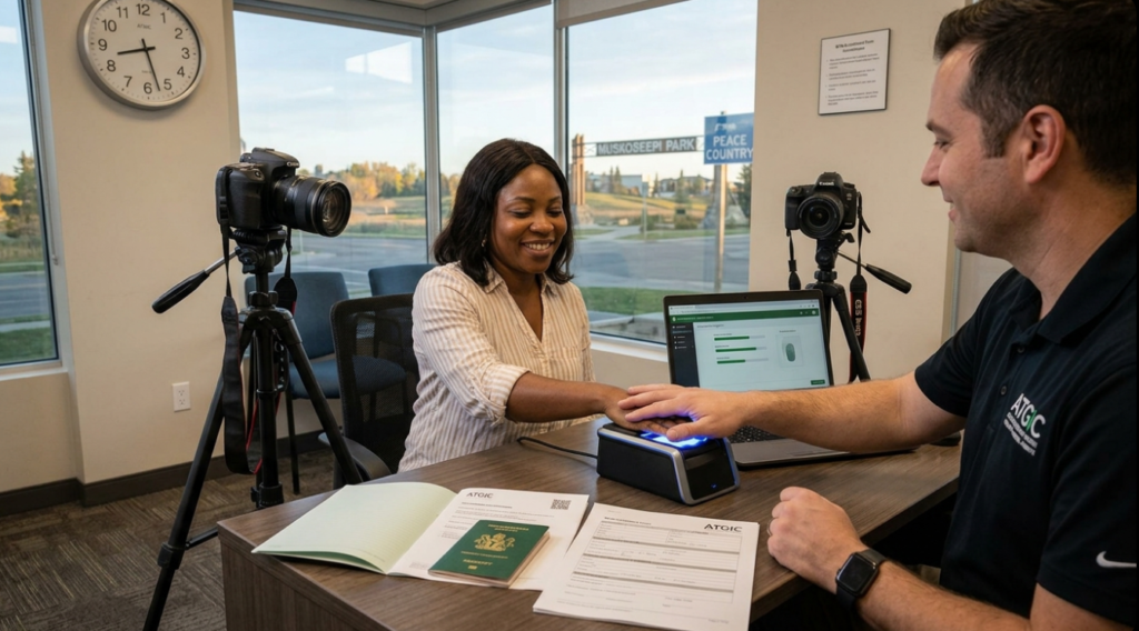 A woman smiling while completing her BVN enrolment through biometric fingerprint scanning and facial capture at an office in Grande Prairie, Alberta.