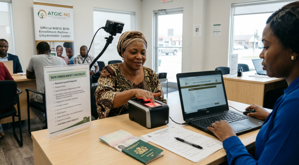 A customer at the Lloydminster BVN enrolment center completes her registration by scanning her fingerprint while an agent enters data into the official NIBSS portal.