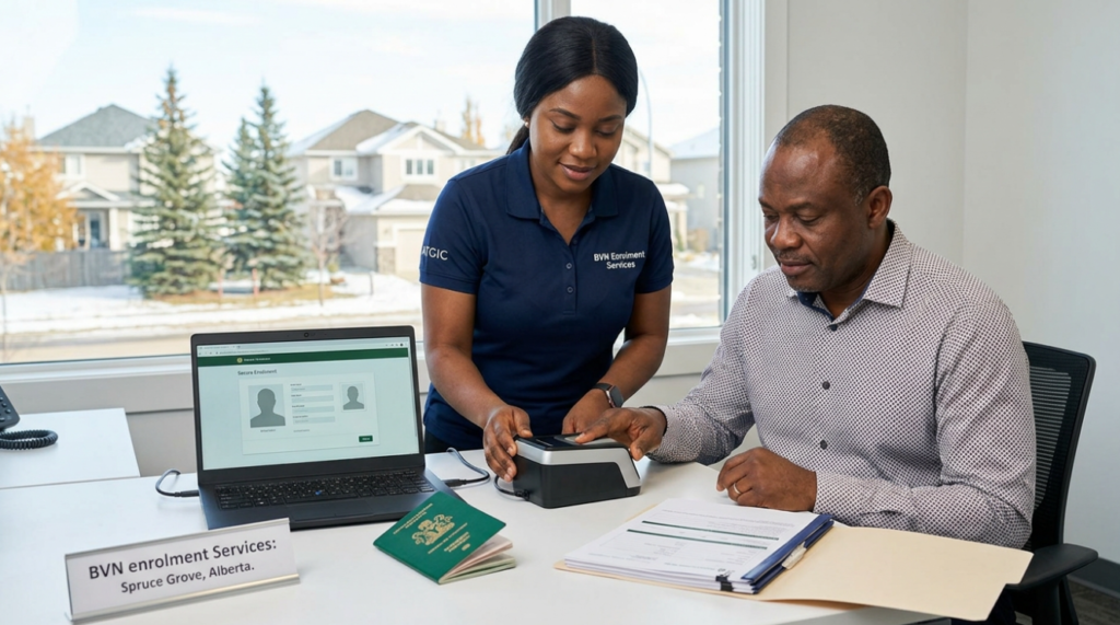 A man completing his BVN enrolment at the Spruce Grove, Alberta office while an agent assists with fingerprint scanning and secure biometric validation on a laptop.