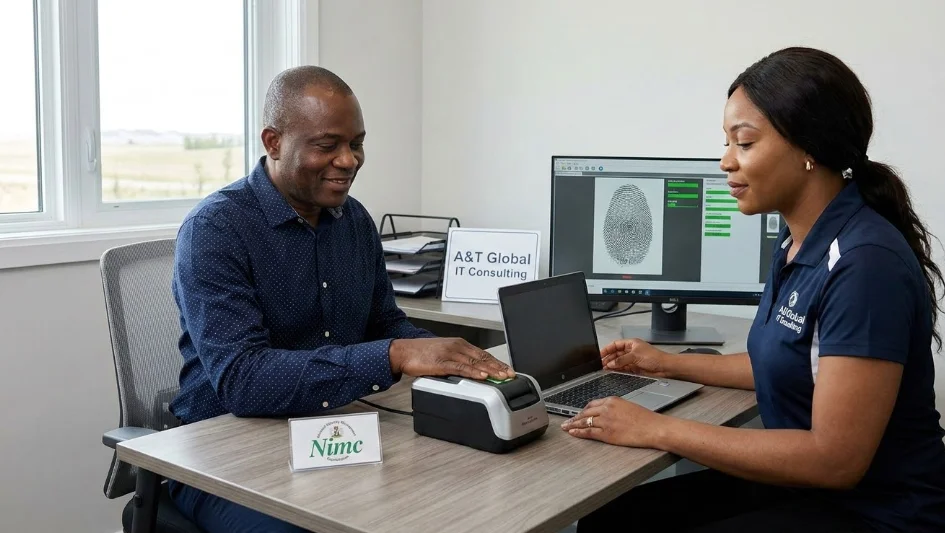 Man providing fingerprint biometrics for NIN registration at A&T Global IT Consulting with NIMC verification system. Nin enrollment services. Nin enrolment services