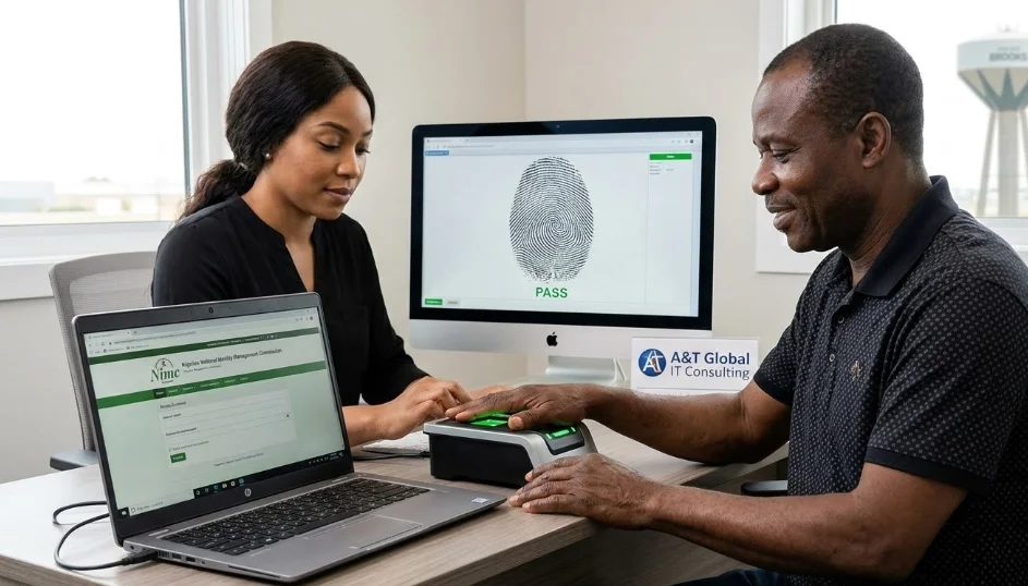 Client completing fingerprint biometric verification for NIN registration at A&T Global IT Consulting using NIMC system. nin enrolment services