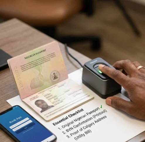 Fingerprint biometric scan beside Nigerian passport and documents for NIN and BVN registration verification. Nin enrolment services