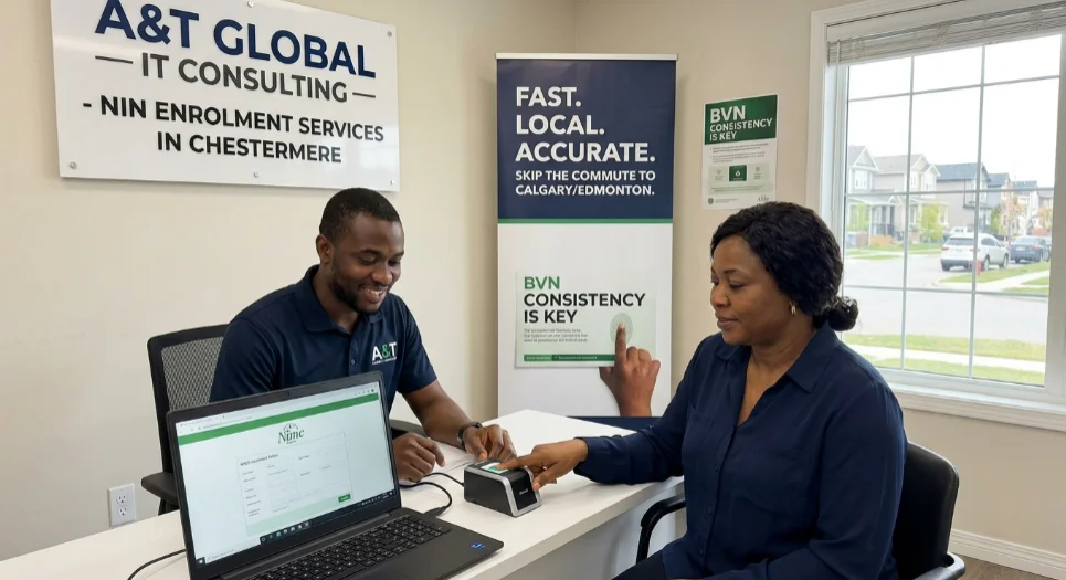 Client completing fingerprint biometrics for NIN enrolment at A&T Global IT Consulting office in Chestermere.