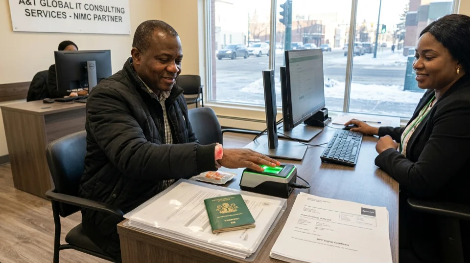 Client providing fingerprint biometrics for NIN registration at A&T Global IT Consulting NIMC partner office. nin enrolment services