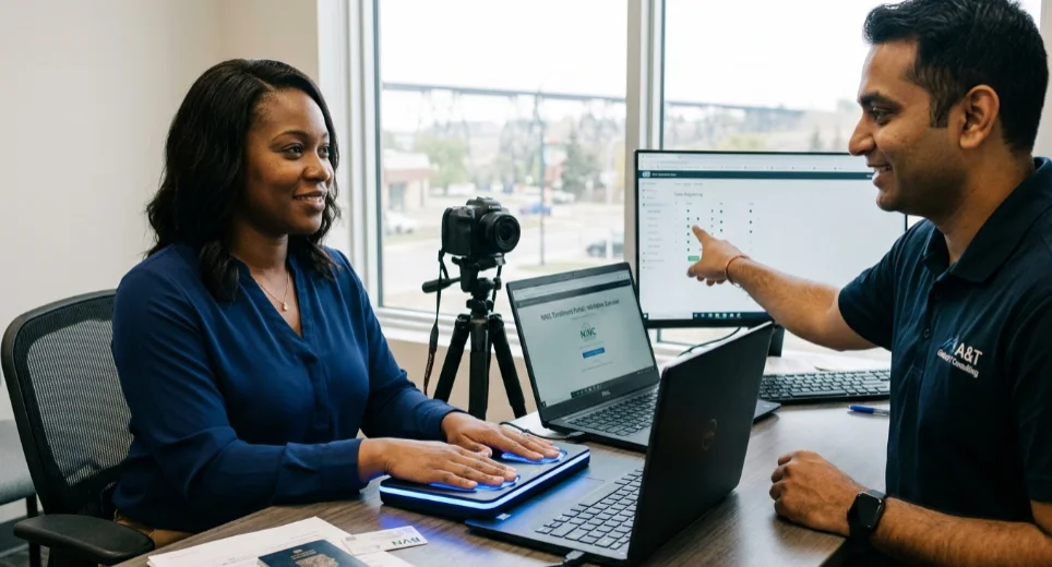 Client capturing fingerprints and photo for NIN registration with assistance from A&T Global IT Consulting staff. nin enrolment services