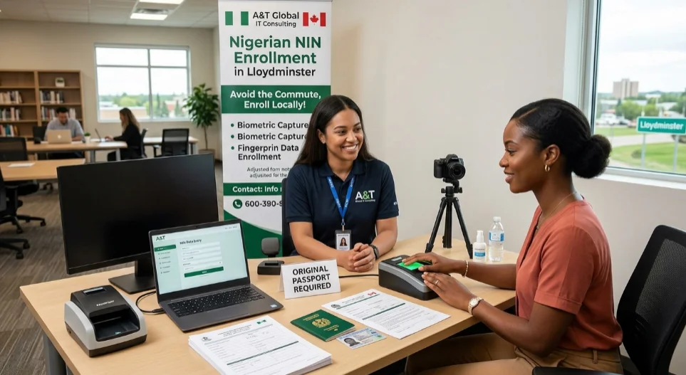 Client providing fingerprint biometrics for Nigerian NIN enrolment at A&T Global IT Consulting in Lloydminster.
