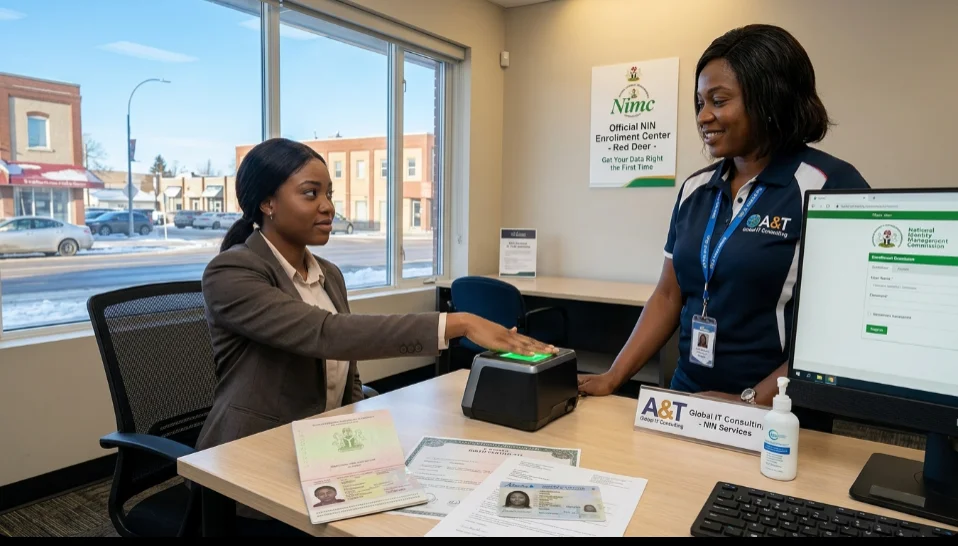 Client providing fingerprint biometrics for Nigerian NIN registration at A&T Global IT Consulting enrolment centre. nin enrolment