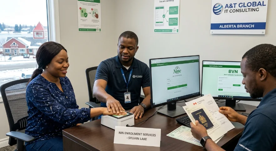 Client providing fingerprint biometrics for Nigerian NIN enrolment at A&T Global IT Consulting in Sylvan Lake.