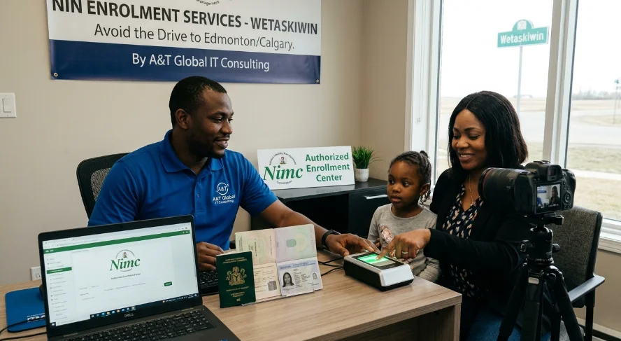 Family completing fingerprint biometrics for Nigerian NIN enrolment at A&T Global IT Consulting in Wetaskiwin.