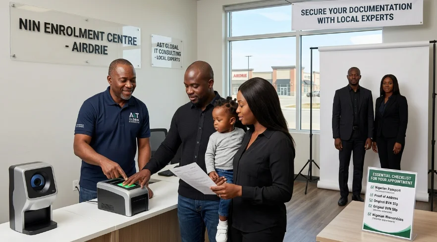 Family completing biometric fingerprint registration at a NIN Enrolment Centre in Airdrie with staff assistance. nin enrolment services