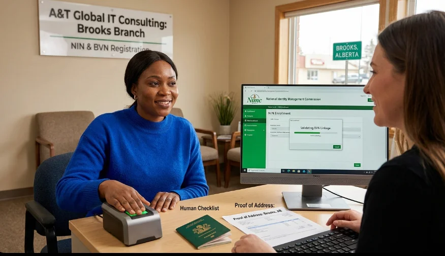 A woman providing a thumbprint scan for NIN and BVN registration at the A&T Global IT Consulting office in Brooks, Alberta, while a staff member processes the application on a computer.