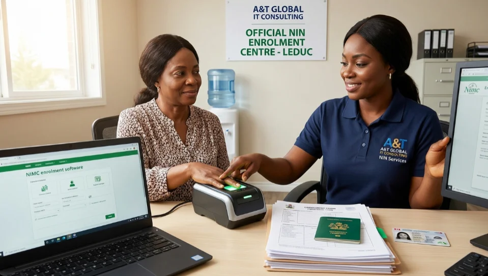 Staff assisting a client with biometric fingerprint capture during NIN enrolment at an official registration centre in Leduc.