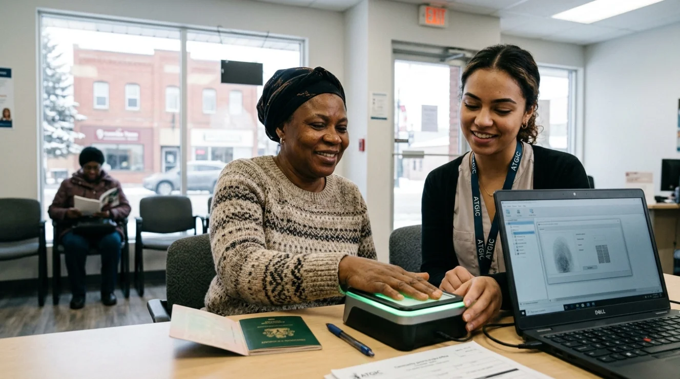 A smiling customer completes her BVN enrolment at an ATGIC office, placing her hand on a biometric fingerprint scanner while a staff member assists with the registration on a laptop.