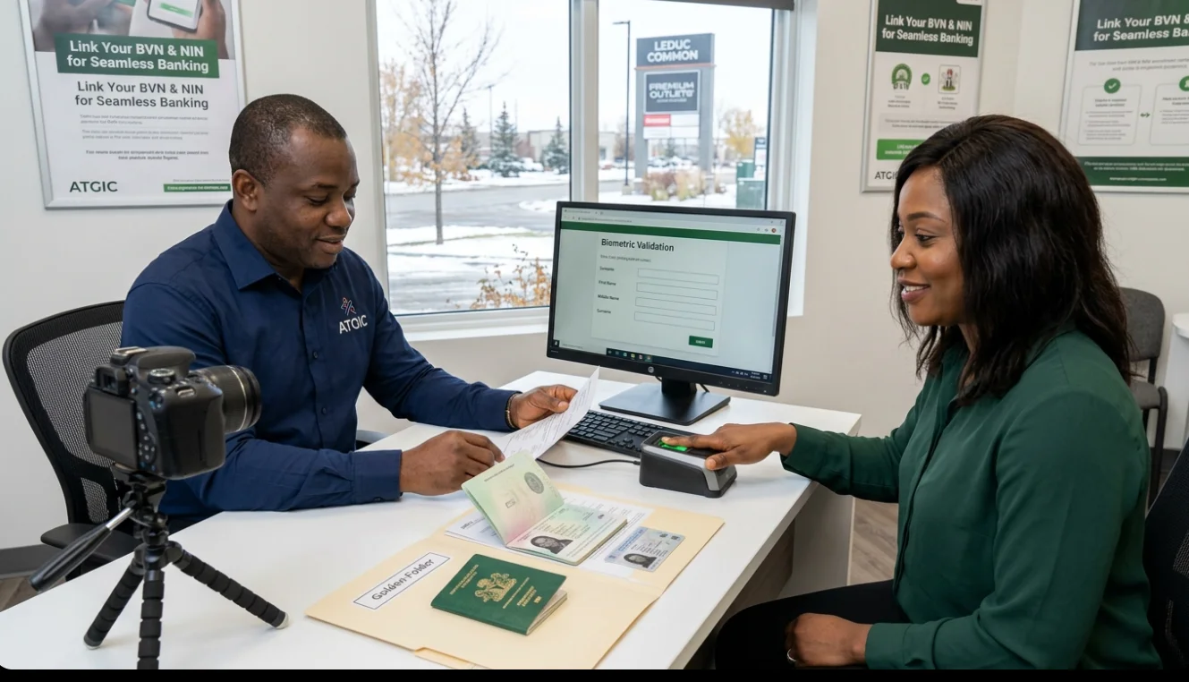 A woman at the ATGIC office in Leduc completing her BVN enrolment biometric validation by placing her finger on a scanner while a consultant reviews her identification documents.