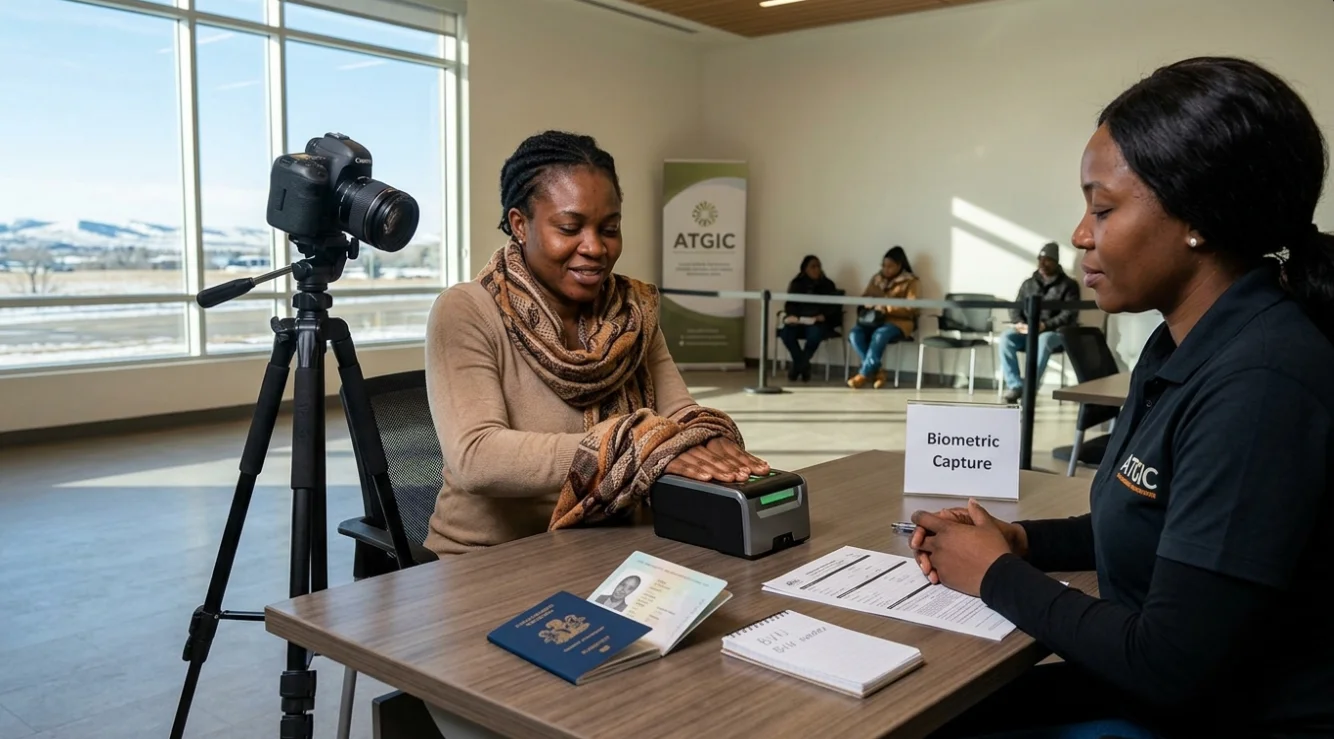 A customer undergoing BVN enrolment at an ATGIC office, placing her hand on a biometric scanner for fingerprint capture while an agent assists at a professional registration desk.