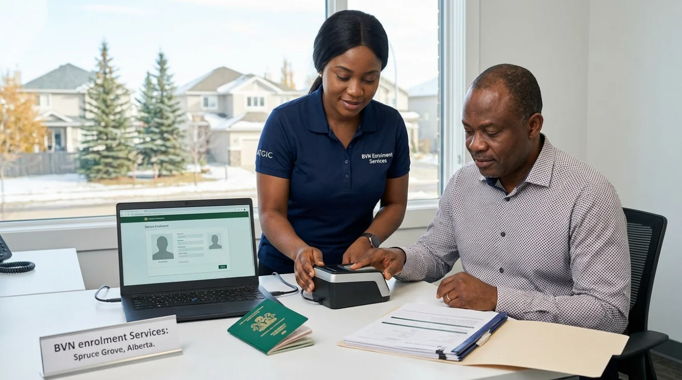 A man completing his BVN enrolment at the Spruce Grove, Alberta office while an agent assists with fingerprint scanning and secure biometric validation on a laptop.