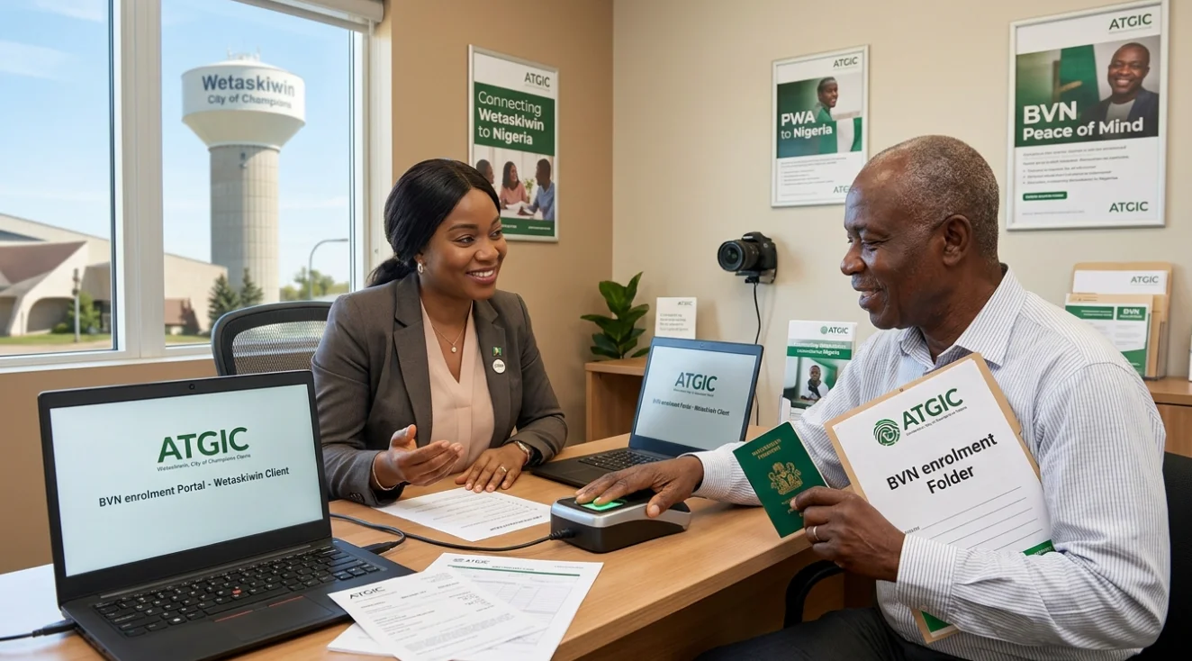 A smiling customer at the ATGIC Wetaskiwin office completes his BVN enrolment by scanning his fingerprint, while a consultant assists at a desk overlooking the Wetaskiwin water tower.
